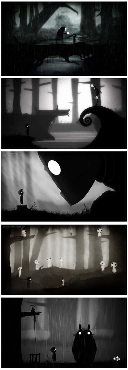 Game Design 桌布 壁紙 — 一個單色動畫序列，顯示一個小人影在陰森、陰暗的森林場景中穿梭，伴有發光的眼睛和若隱若現的輪廓。