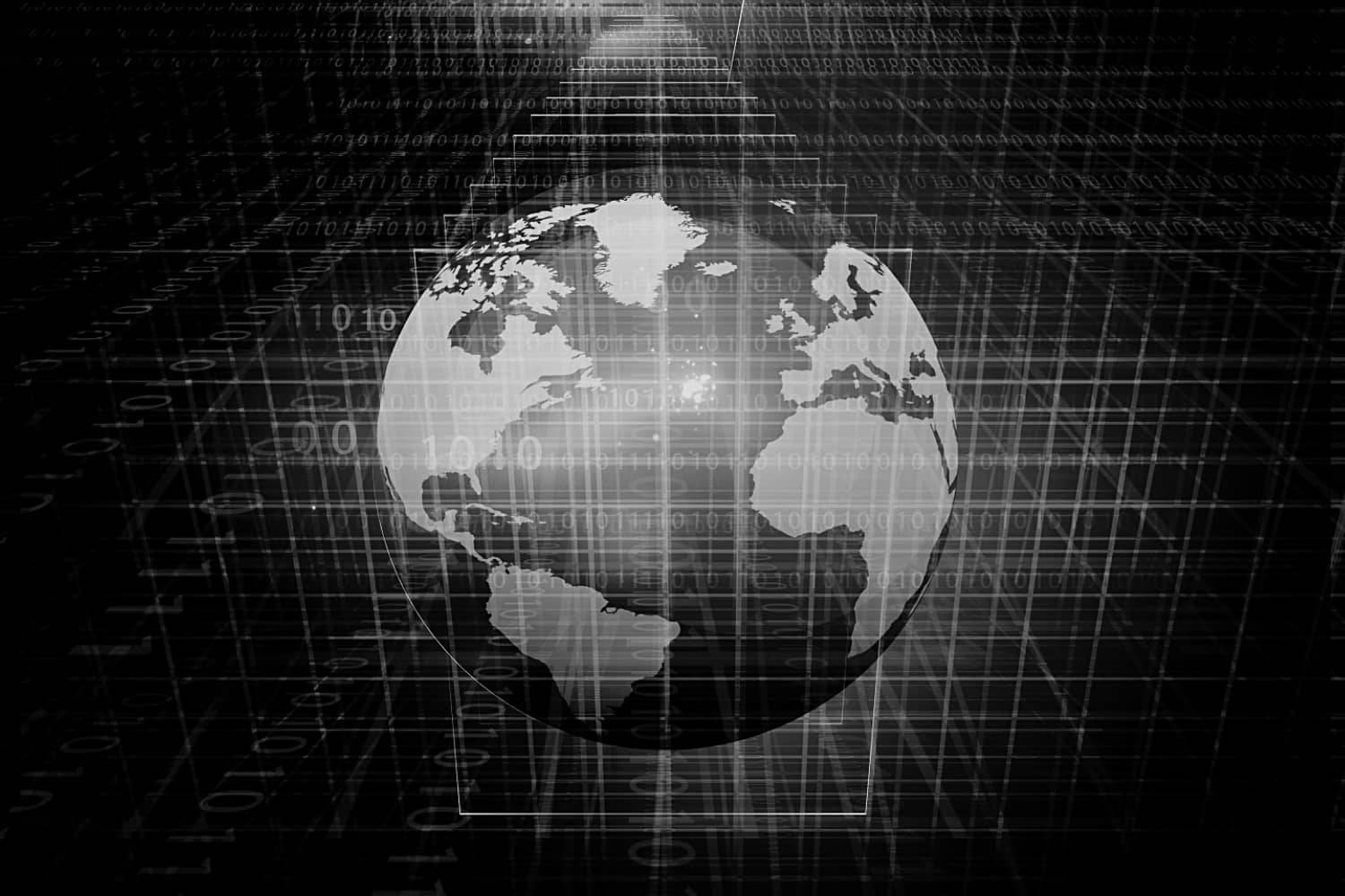 地球 桌布 壁紙 — 一個單色地球儀漂浮在層疊的二進制代碼和網格線之中，喚起數碼連接的感覺。
