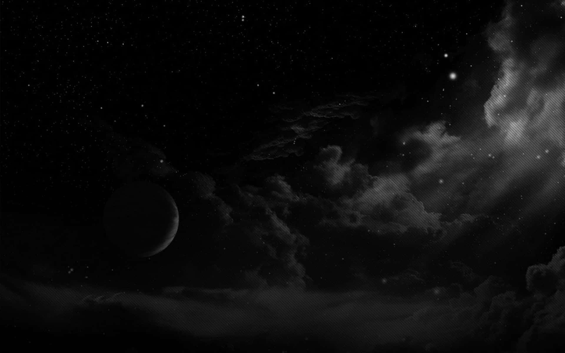 Aesthetic Cloud 桌布 壁紙 — 一個單色宇宙場景，行星和星星從深空戲劇性的雲層中窺視。