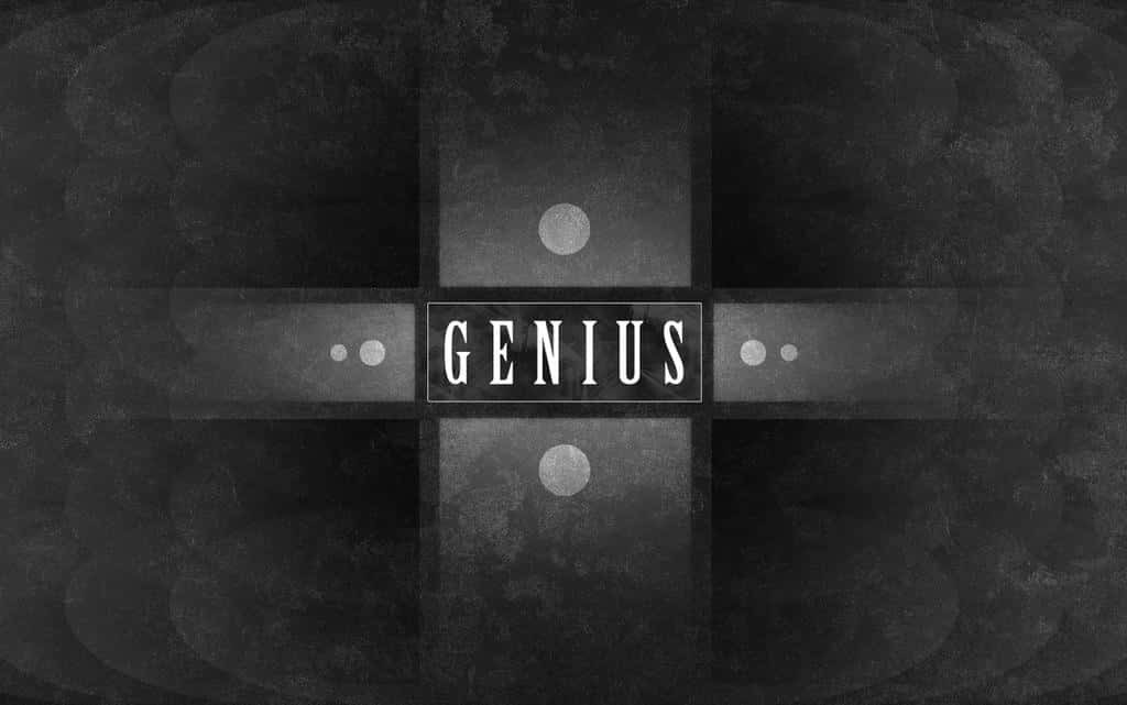 Dark Genius 桌布 壁紙 — 一個單色抽象設計，在紋理深色背景上以十字形狀居中放置「genius」一詞。