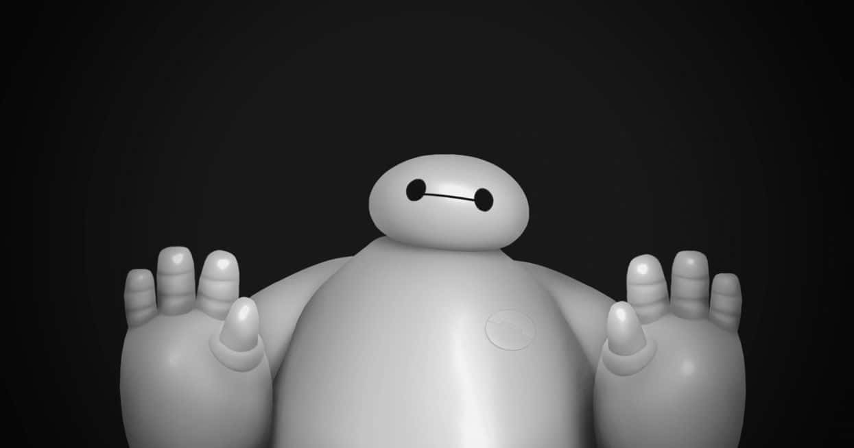 Cartoon Robot 桌布 壁紙 — 一個單色特寫，顯示充氣醫療機械人Baymax在深色漸變背景上舉起雙臂。