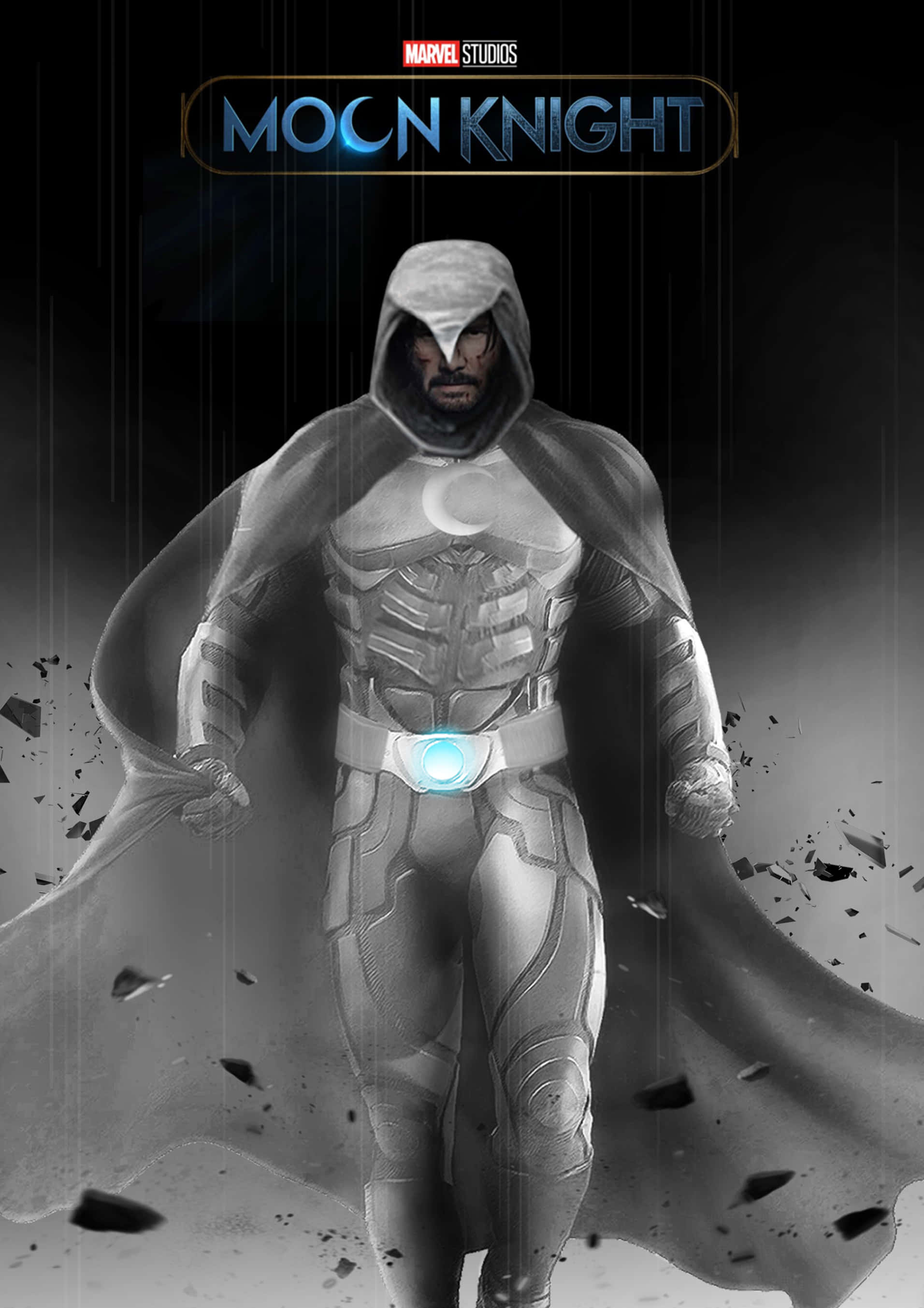 Moon Knight 桌布 壁紙 — 一個單色超級英雄穿著連帽套裝，腰帶發光，站在黑暗天空下破碎的瓦礫中。