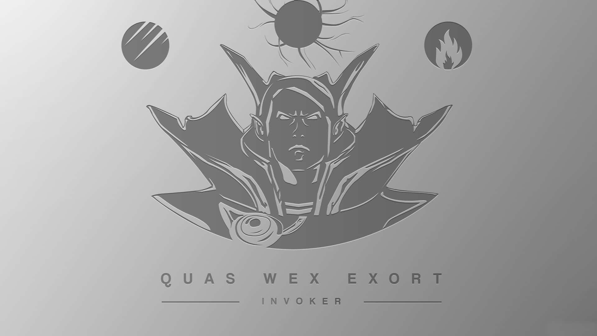 Dota 2 Invoker 桌布 壁紙 — 一個單色風格化的奇幻角色插圖，角色有尖耳朵和華麗盔甲，兩側有月亮、太陽和火焰的符號。