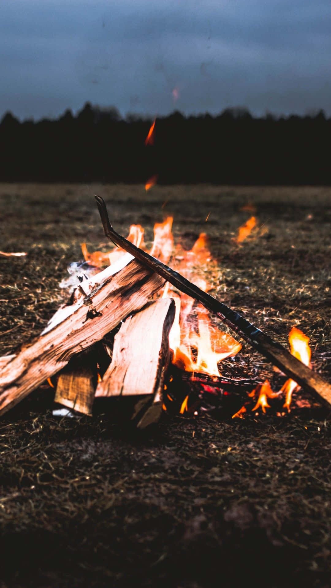 Campfire 桌布 壁紙 — 一個噼啪作響的營火在陰暗的田野中明亮地燃燒，天空多雲，暮色中飛舞著火星。
