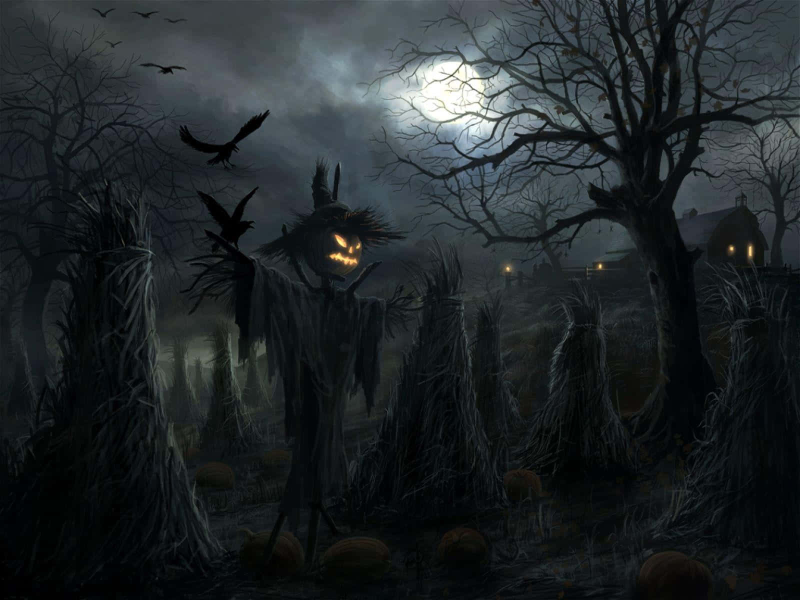3d Halloween 桌布 壁紙 — 一個嚇人的傑克南瓜燈稻草人站在霧氣瀰漫的墓地中，滿月當空，烏鴉在頭頂飛翔。