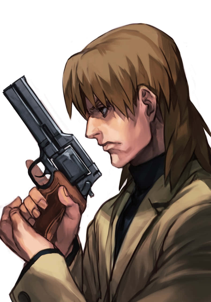 Ghost In The Shell Togusa 桌布 壁紙 — 一個嚴肅嘅動漫男人，啡色頭髮，喺純白色背景前嘅特寫肖像中揸住一支左輪手槍。