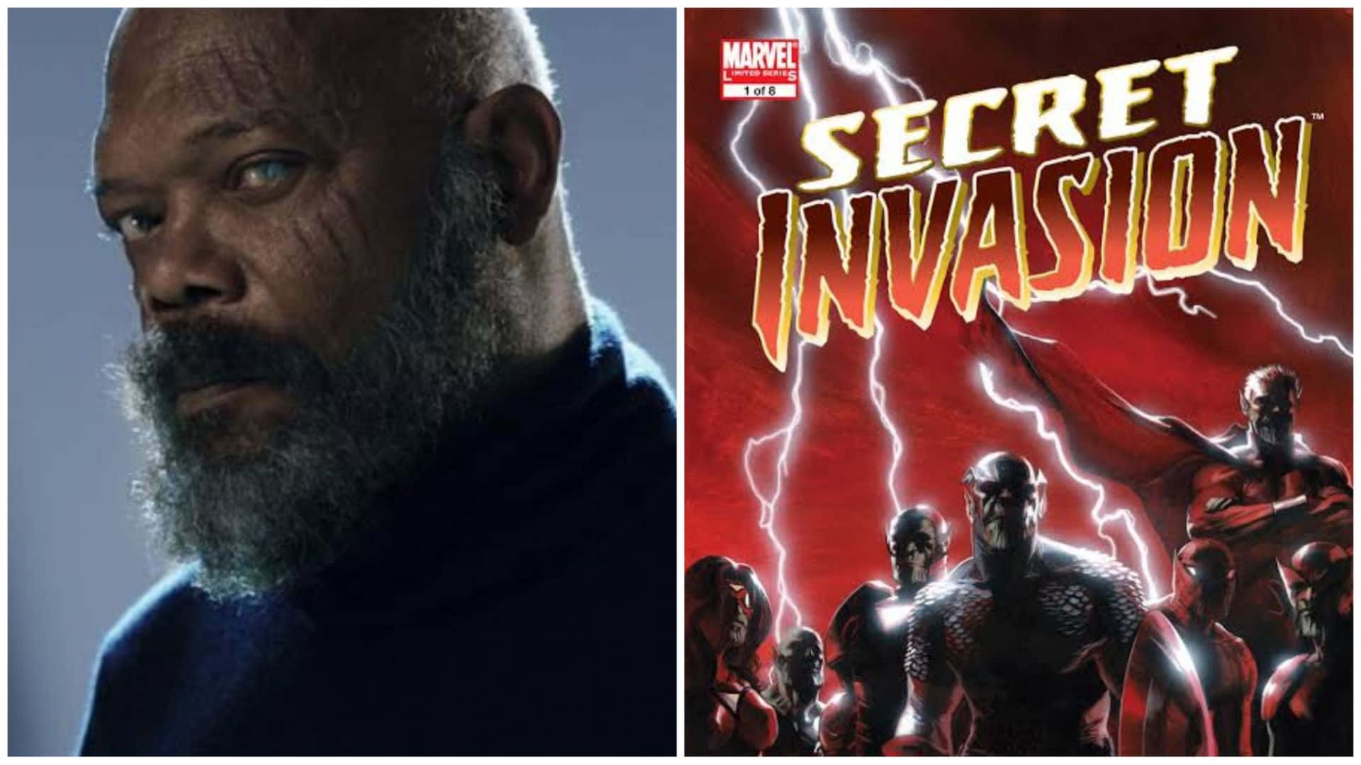 Secret Invasion 桌布 壁紙 — 一個嚴肅的光頭男人，留著灰色鬍鬚，在一個展示紅色皮膚入侵者帶著閃電的漫畫書封面旁邊向左凝視。