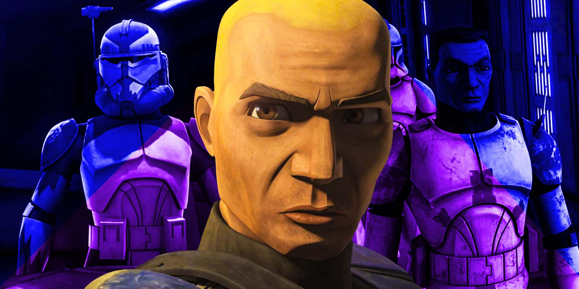 The Clone Army 桌布 壁紙 — 一個嚴肅的光頭男子身穿深色制服，在霓虹燈光下被藍色和紫色的裝甲克隆士兵簇擁在中間。