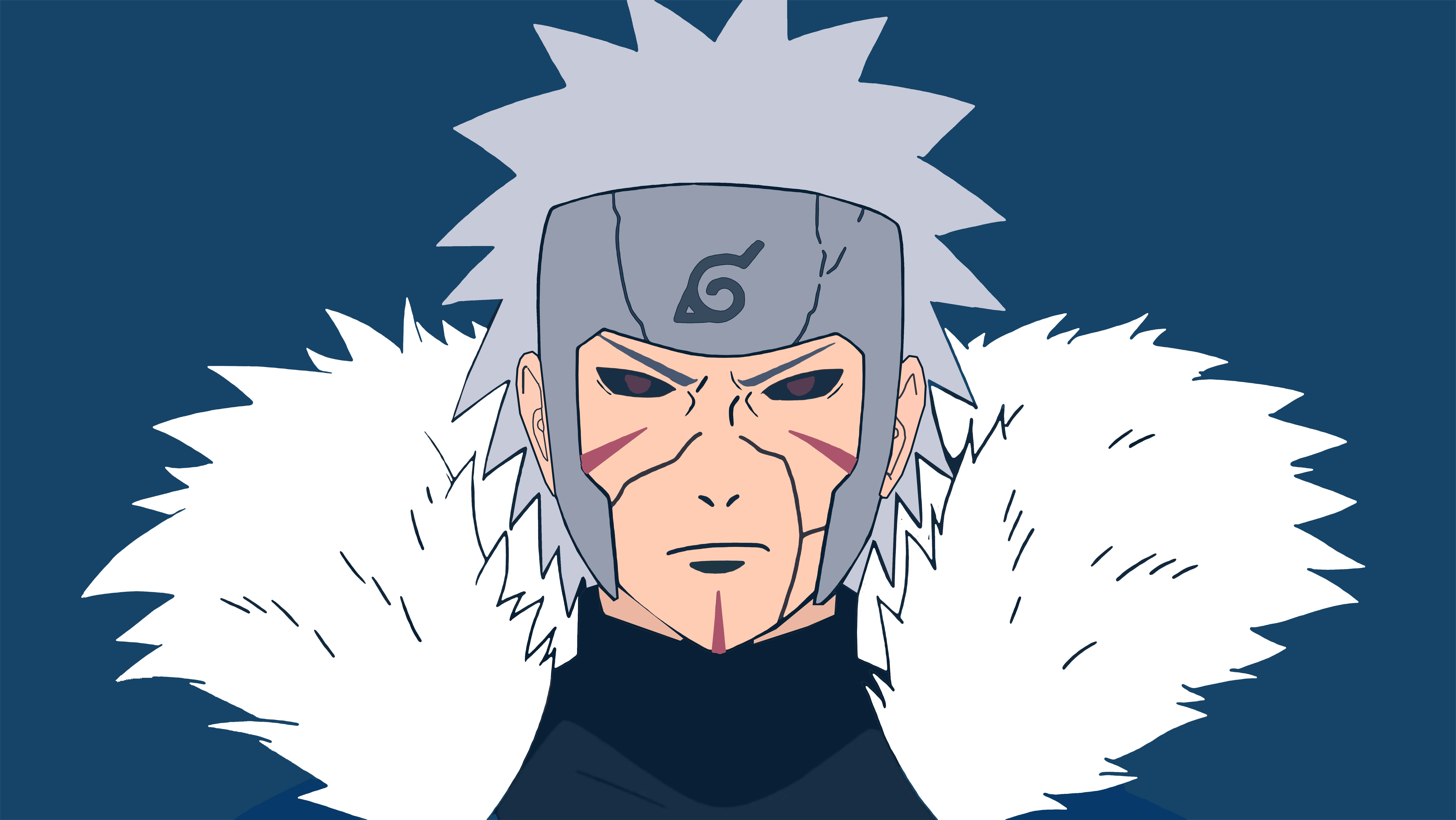 tobirama senju 桌布 壁紙 — 一個嚴肅的動漫忍者，有著尖刺的白髮和毛皮襯裡的斗篷，在深藍色背景下強烈凝視。