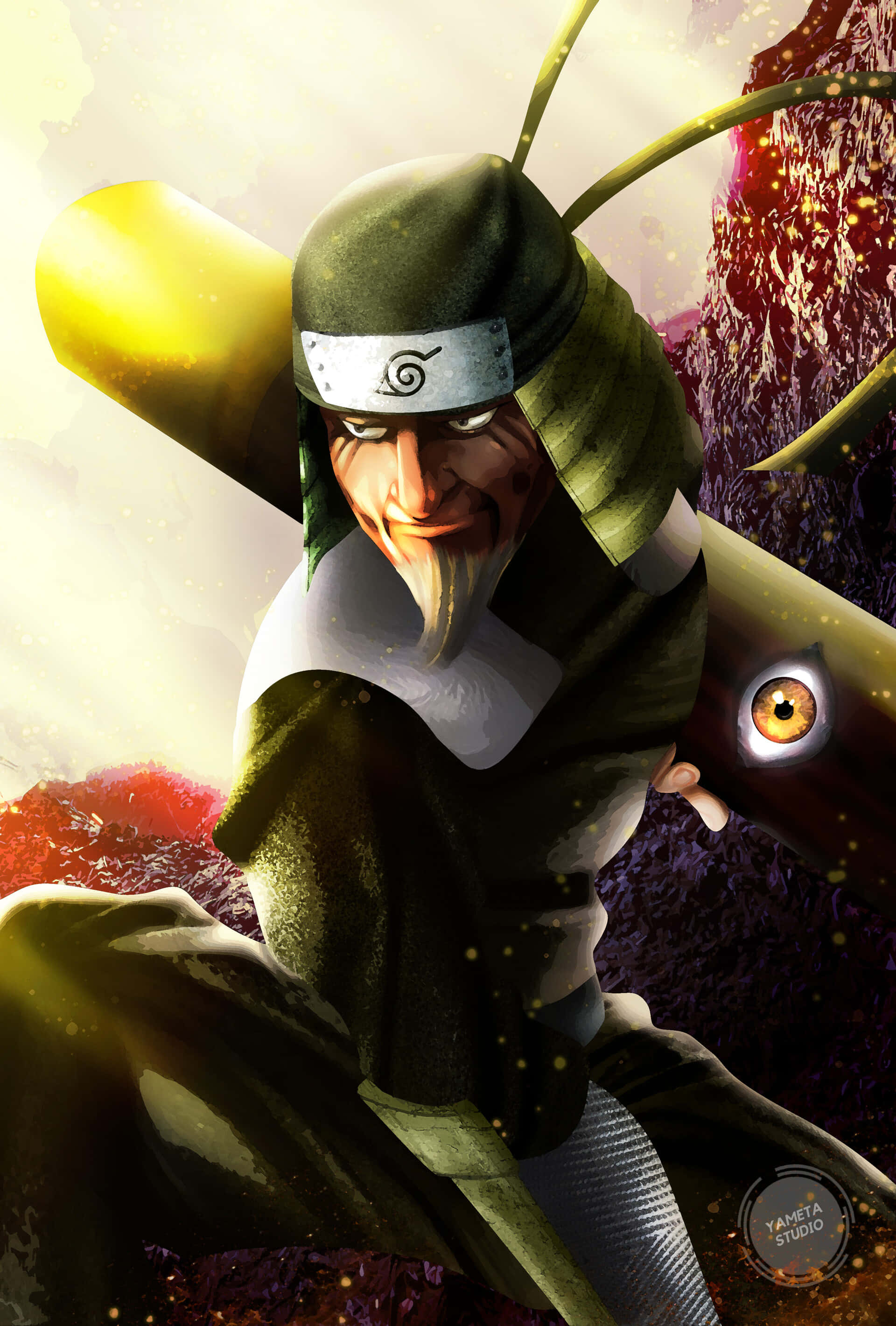 Third Hokage 桌布 壁紙 — 一個嚴肅的動漫忍者，身穿綠色斗篷和頭帶，在熾熱的岩石背景下擺出動態姿勢。