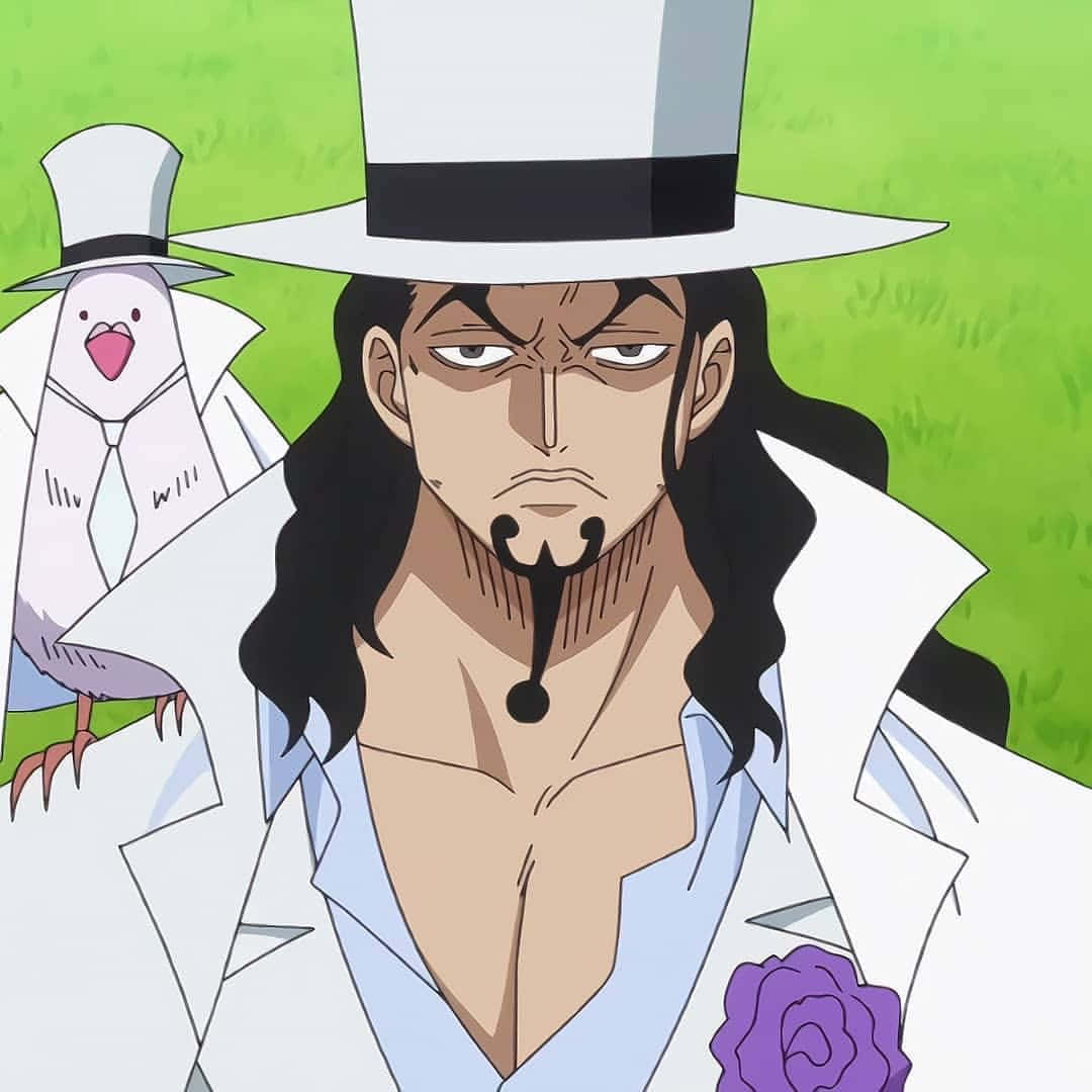 Rob Lucci 桌布 壁紙 — 一個嚴肅的動漫男人，戴著白色高帽，穿著白色外套，旁邊有一隻穿著西裝的鳥，背景是明亮的綠色。
