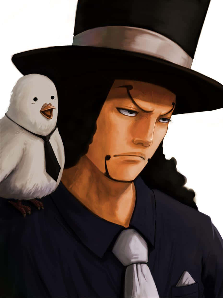 Rob Lucci 桌布 壁紙 — 一個嚴肅的動漫男人，戴著高帽和西裝，一隻戴著領帶的白鳥棲息在他的肩膀上，背景是純白色。