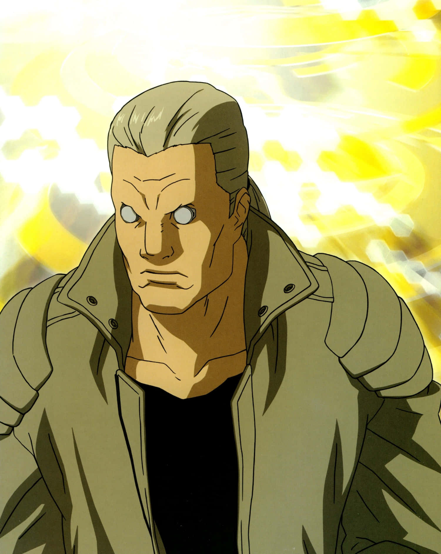Ghost In The Shell Batou 桌布 壁紙 — 一個嚴肅的動漫男人，灰髮和發光的眼睛，站在耀眼的黃色能量爆發中。