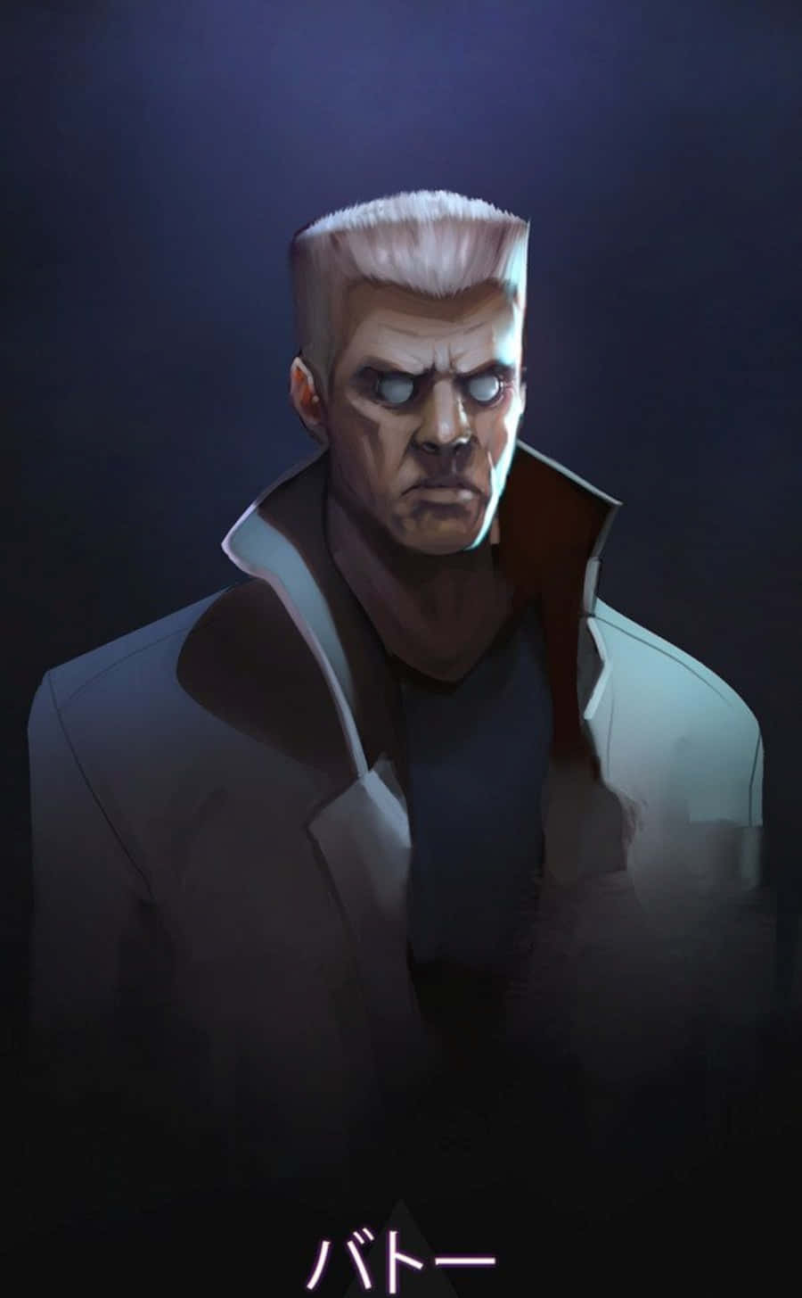 Ghost In The Shell Batou 桌布 壁紙 — 一個嚴肅的動漫男人，白髮和發光的眼睛，在黑暗、陰鬱的肖像中強烈凝視。