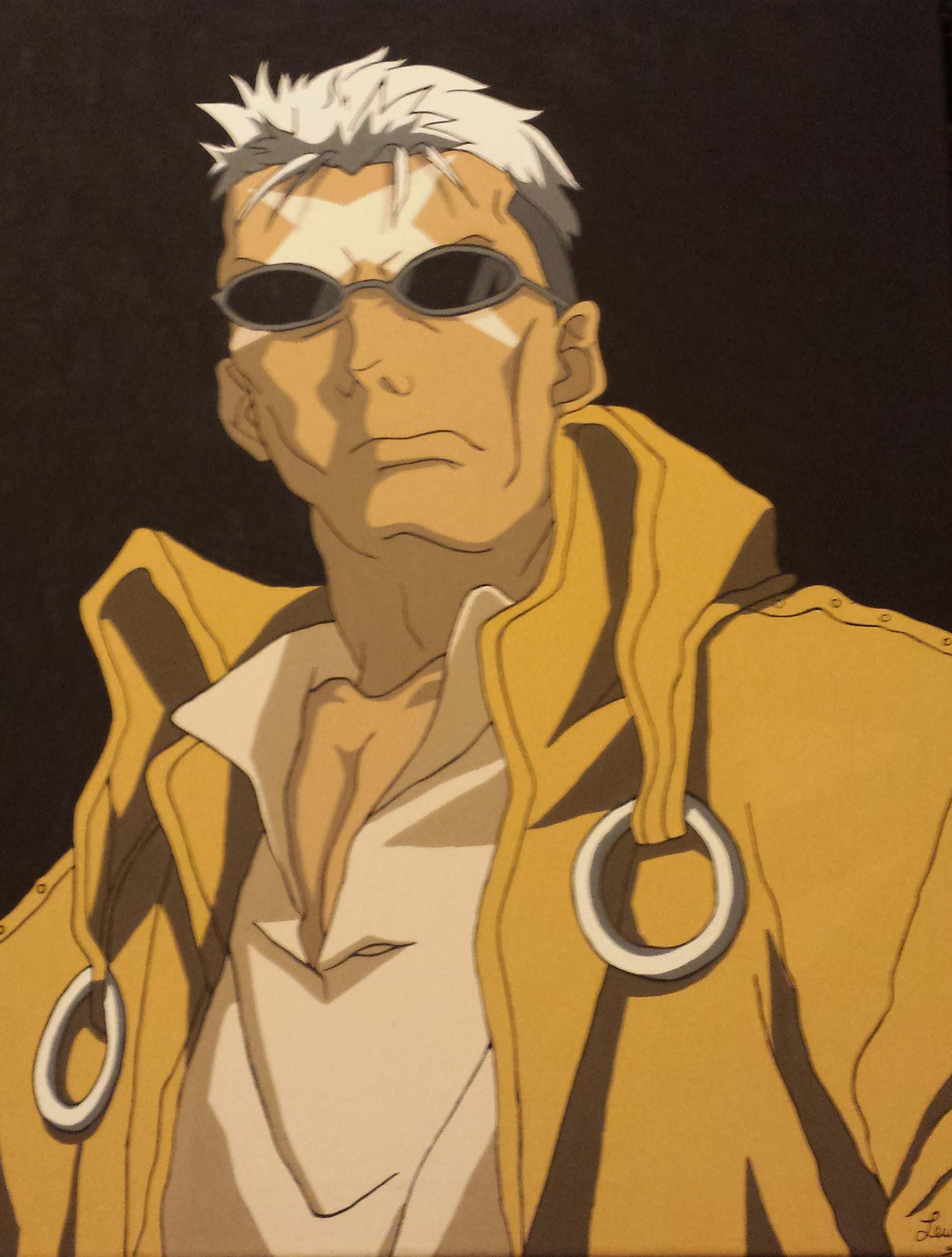 Fullmetal Alchemist Scar 桌布 壁紙 — 一個嚴肅的動漫男人，白髮戴太陽眼鏡，穿著帶有銀環的黃色外套，背景是深色。