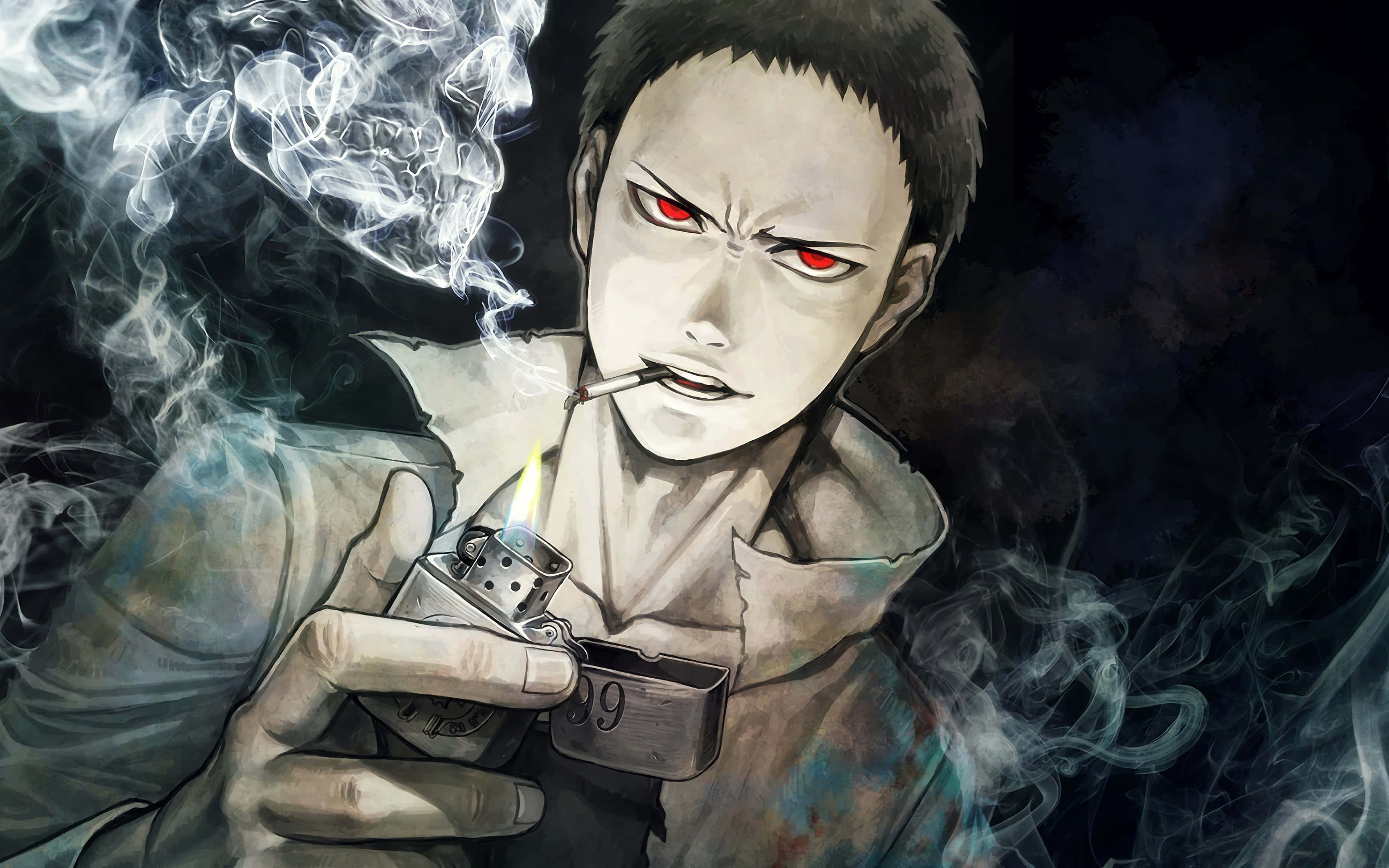 Zombieman 桌布 壁紙 — 一個嚴肅的動漫男人，紅眼睛，在黑暗背景中煙霧繚繞下用打火機點燃香煙。