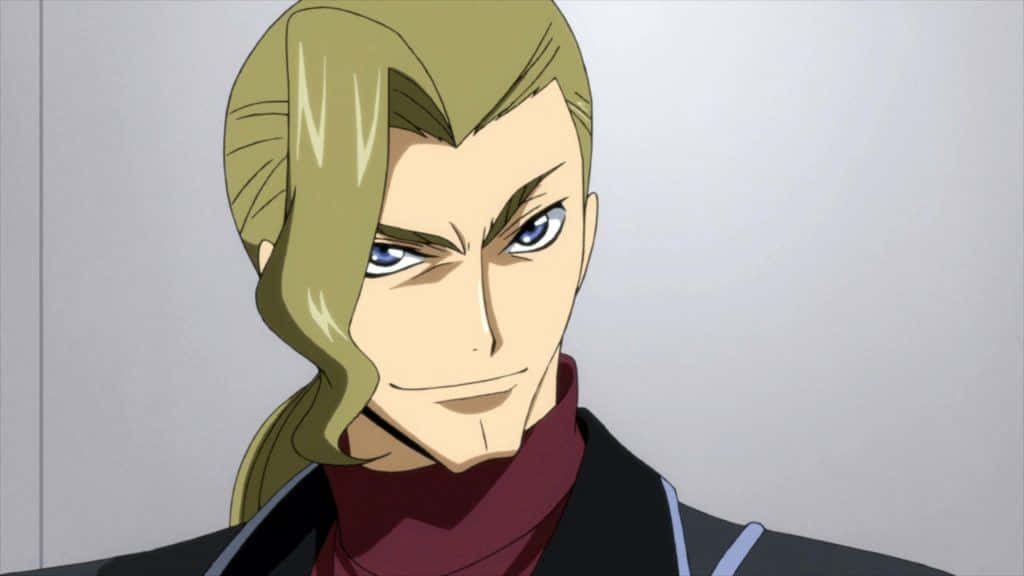 Diethard Ried 桌布 壁紙 — 一個嚴肅的動漫男人，金髮藍眼，穿著深色外套和紅色圍巾，背景簡單。