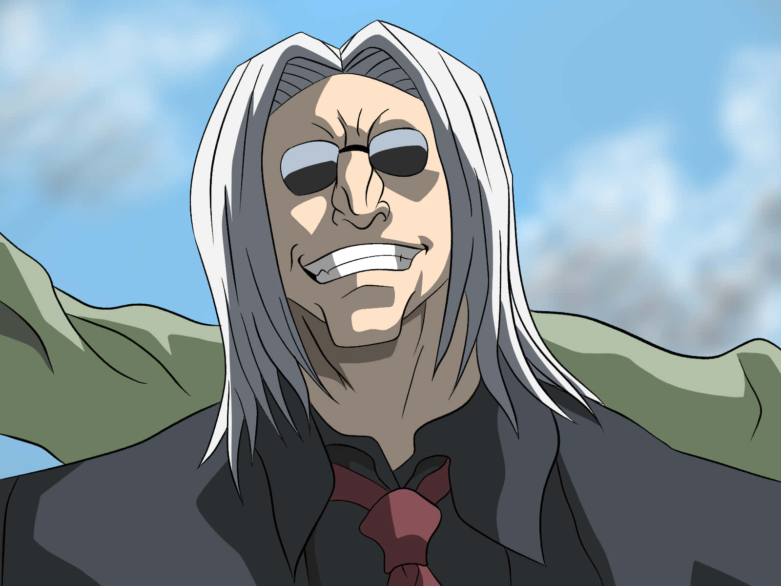 Morel Mackernasey 桌布 壁紙 — 一個嚴肅的動漫男人，長長的白髮和太陽眼鏡，在陰雲密佈的天空下兇狠地咧嘴笑。