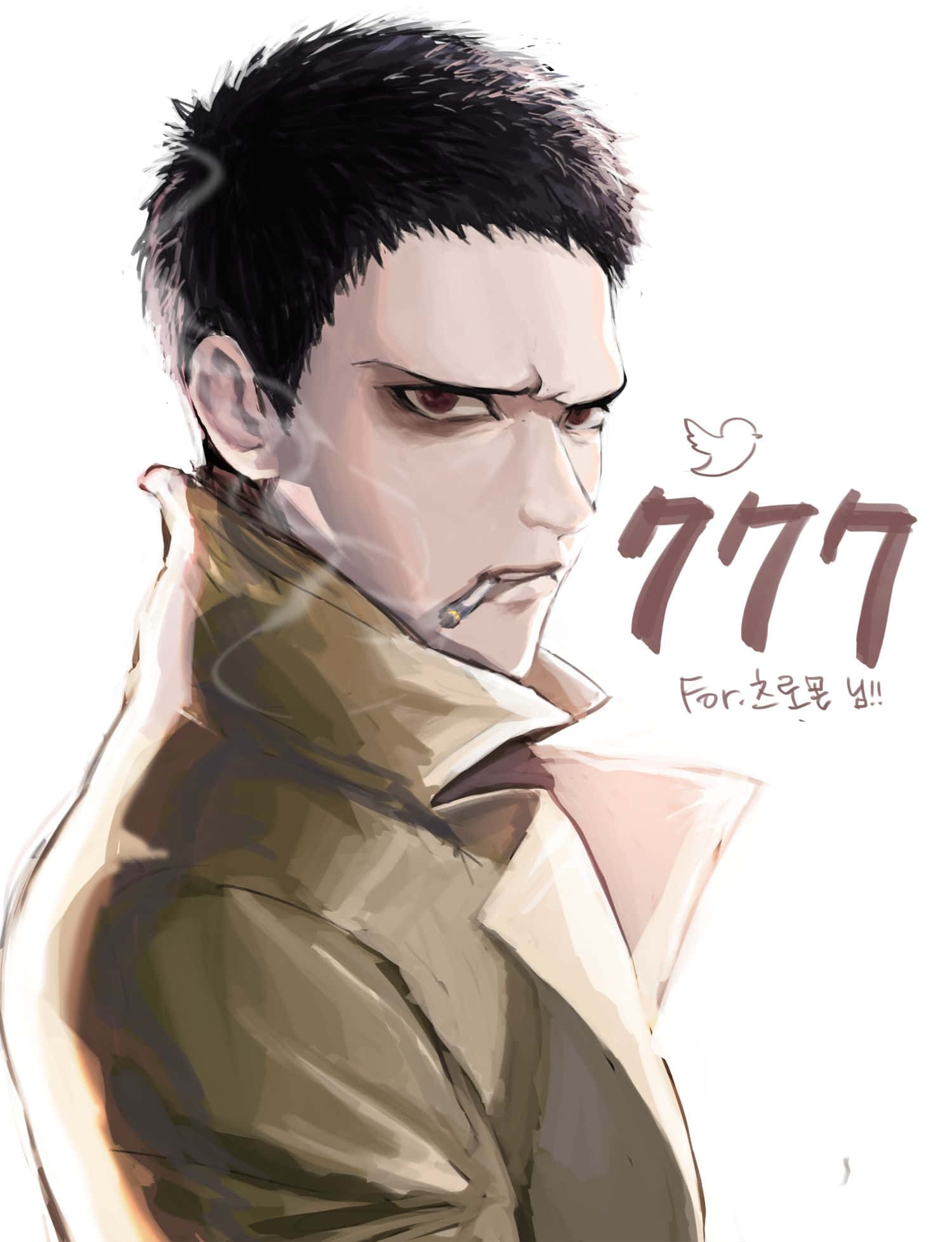 Zombieman 桌布 壁紙 — 一個嚴肅的動漫男人，黑髮，穿著棕褐色外套，在純白色背景上抽煙。