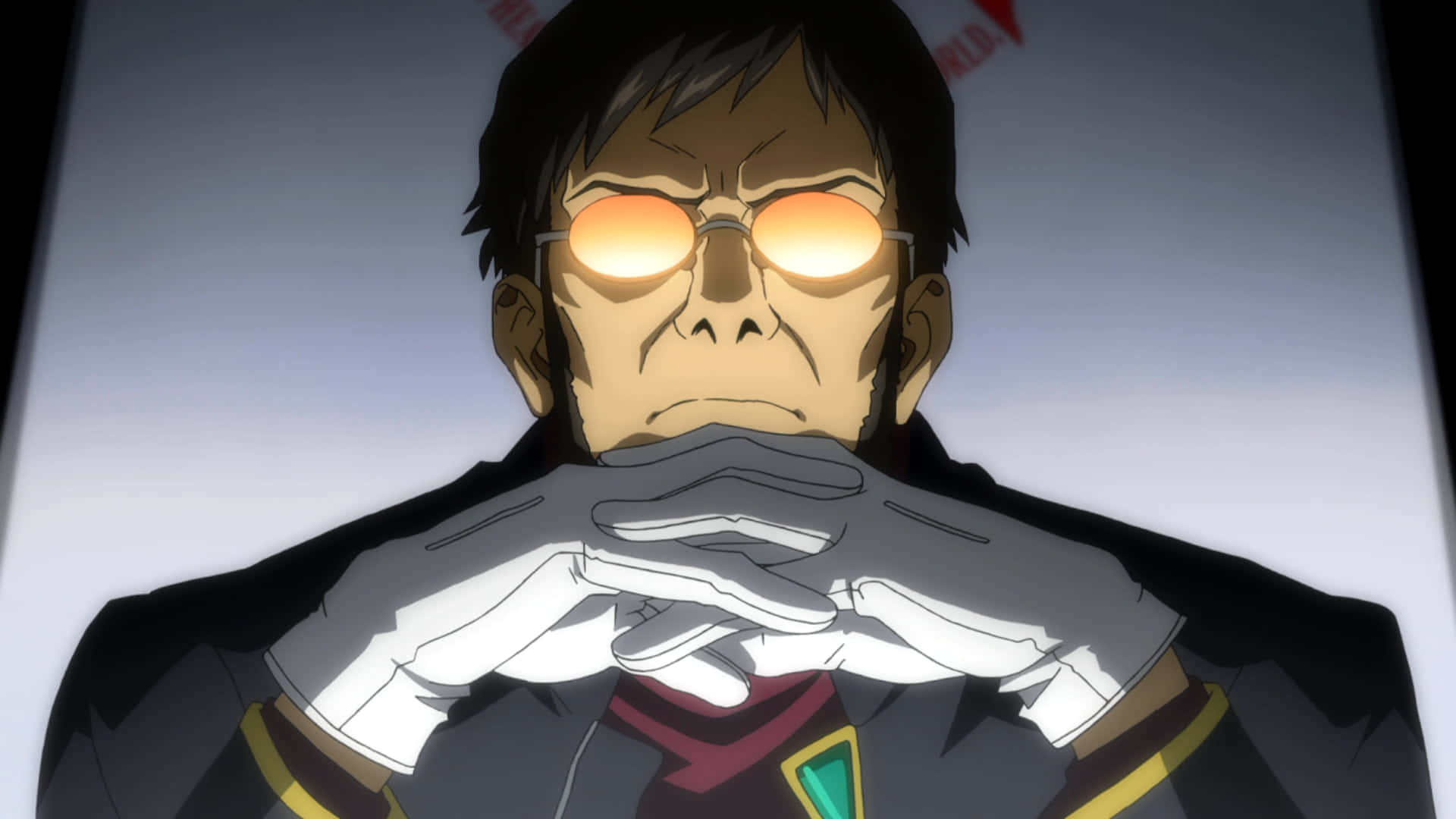 curt Gendo Ikari 壁紙 — 一個嚴肅的動漫男子，身穿深色制服，戴著發光的橙色眼鏡，白色手套在下巴下交疊。