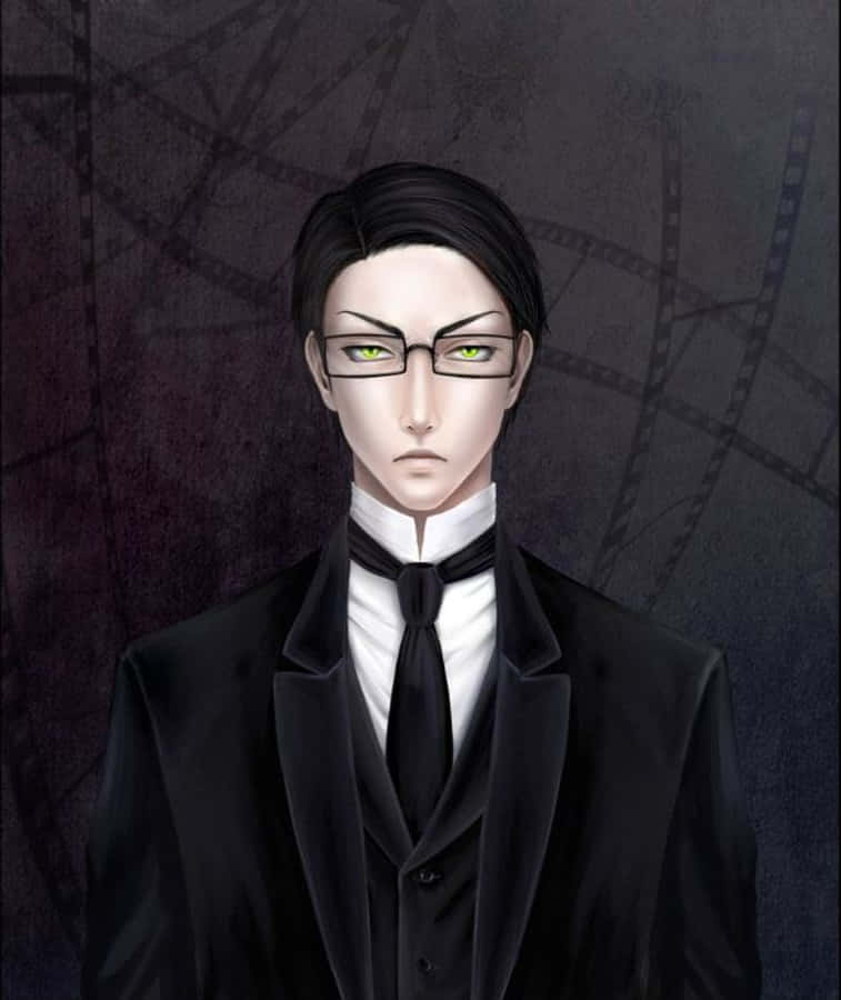 William T. Spears 桌布 壁紙 — 一個嚴肅的動漫男子，身穿黑色西裝和眼鏡，在膠片條背景前以發光的綠色眼睛凝視前方。