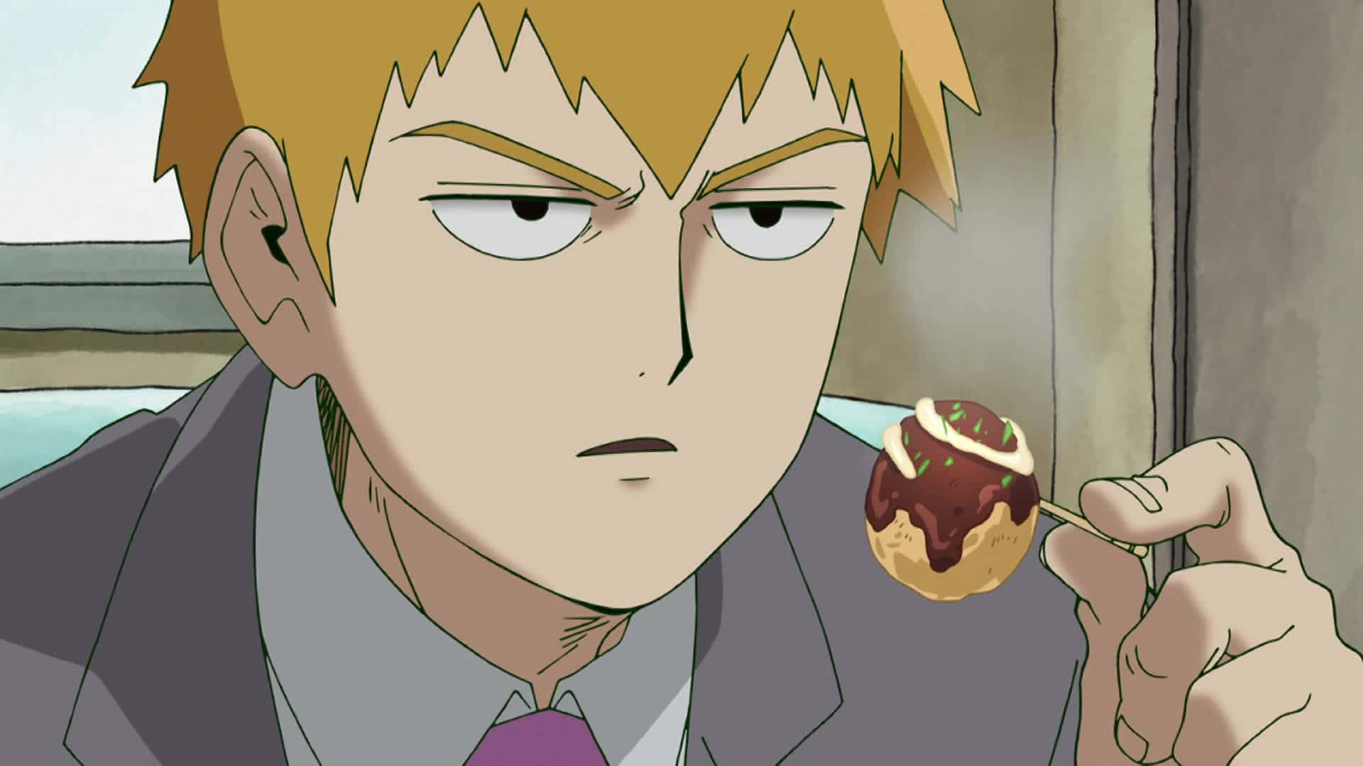 Mob Psycho 桌布 壁紙 — 一個嚴肅的動漫男孩，有著尖刺的金髮，專注地拿著一個裹著巧克力的章魚燒。
