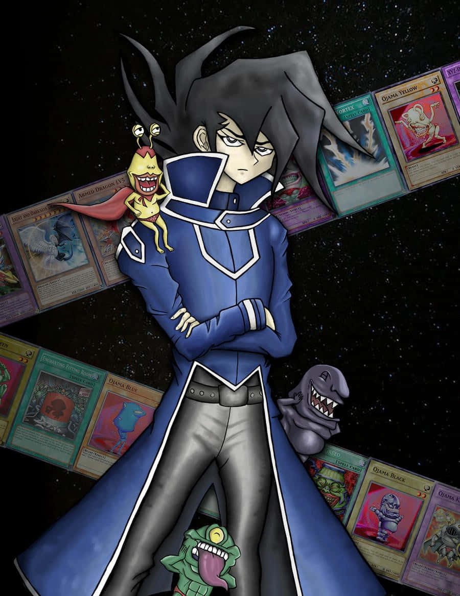 Chazz Princeton 桌布 壁紙 — 一個嚴肅的動漫男孩穿著藍色盔甲，站在星空虛空中，周圍環繞著發光的遊戲卡和三隻怪獸。