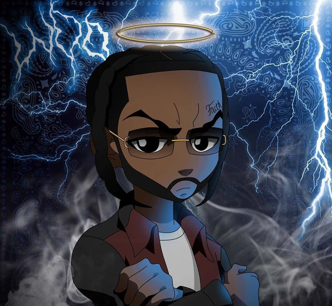 Pop Smoke Cartoon 桌布 壁紙 — 一個嚴肅的動漫角色，帶有光環和「Faith」紋身，在帶有閃電和佩斯利圖案的暴風雨藍色背景中凝視。