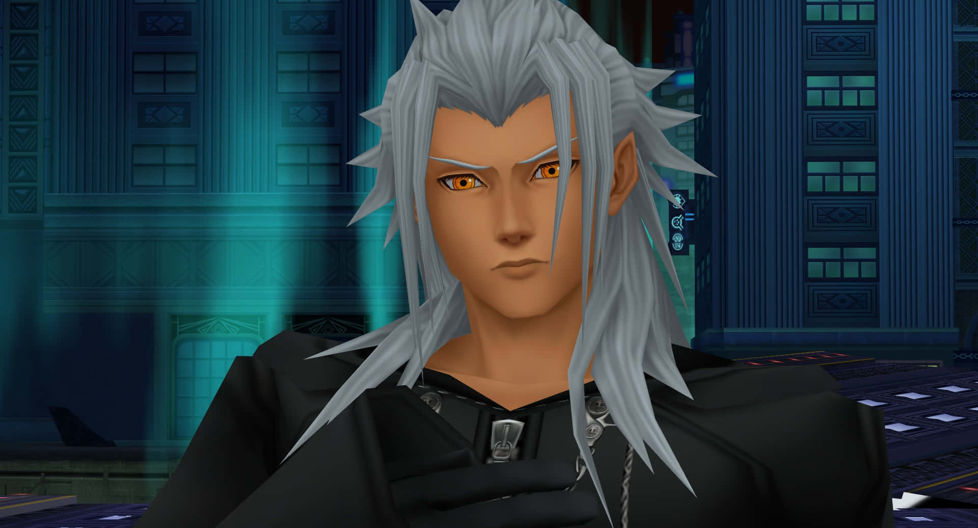 Kingdom Hearts Xemnas 桌布 壁紙 — 一個嚴肅的動漫角色，擁有尖刺銀髮和橙色眼睛，在黑暗的未來城市景觀中向前凝視。