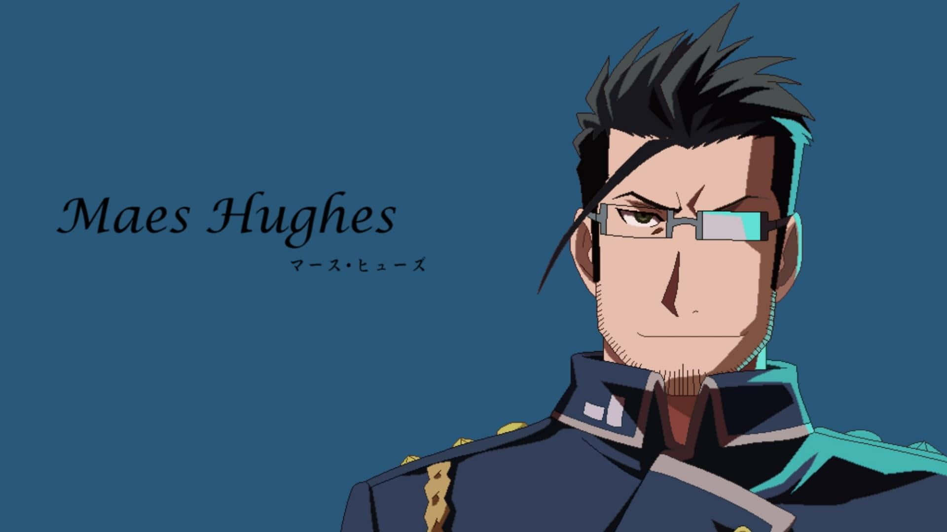 Maes Hughes 桌布 壁紙 — 一個嚴肅的動漫角色，擁有尖刺黑髮和眼鏡，穿著深色軍裝，背景為純藍色。