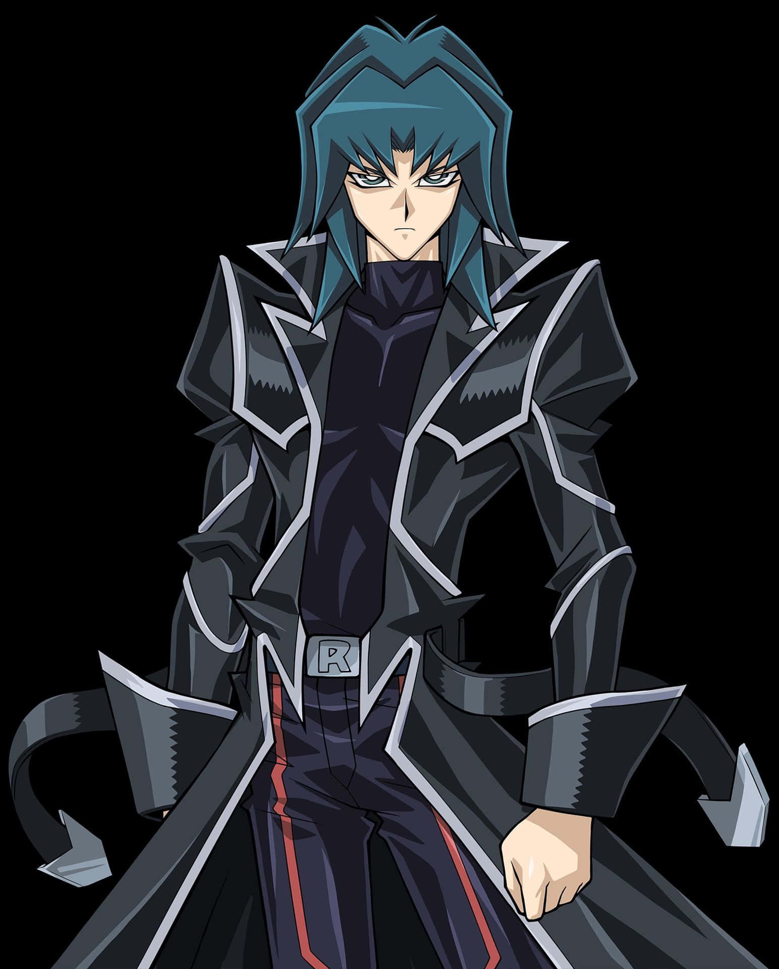 Zane Truesdale 桌布 壁紙 — 一個嚴肅的動漫角色，擁有藍綠色頭髮和黑色外套，站在深色背景前。