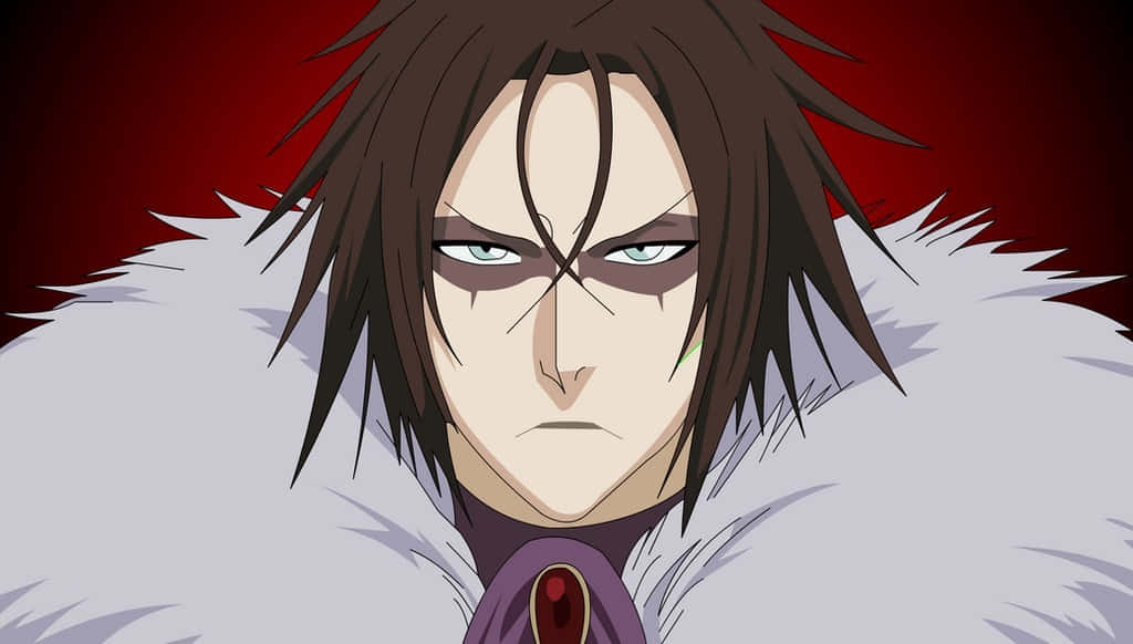 Bleach Muramasa 桌布 壁紙 — 一個嚴肅的動漫角色，有著尖刺的棕色頭髮和發光的眼睛，在深紅色背景下強烈地凝視著。