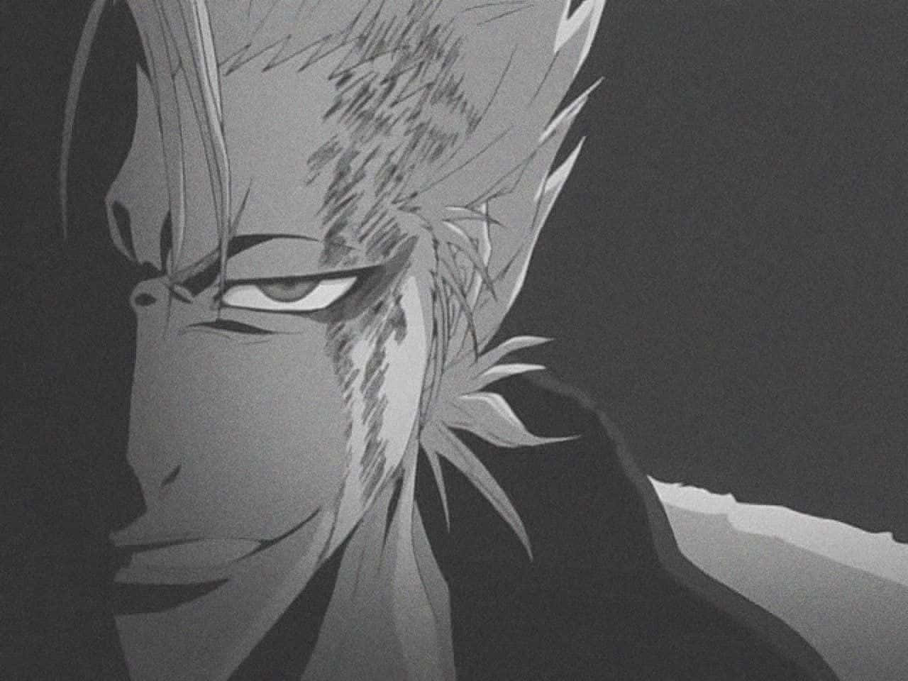 Grimmjow Jaegerjaquez 桌布 壁紙 — 一個嚴肅的動漫角色，有著尖刺頭髮和銳利的眼神，以高對比度的單色風格凝視前方。