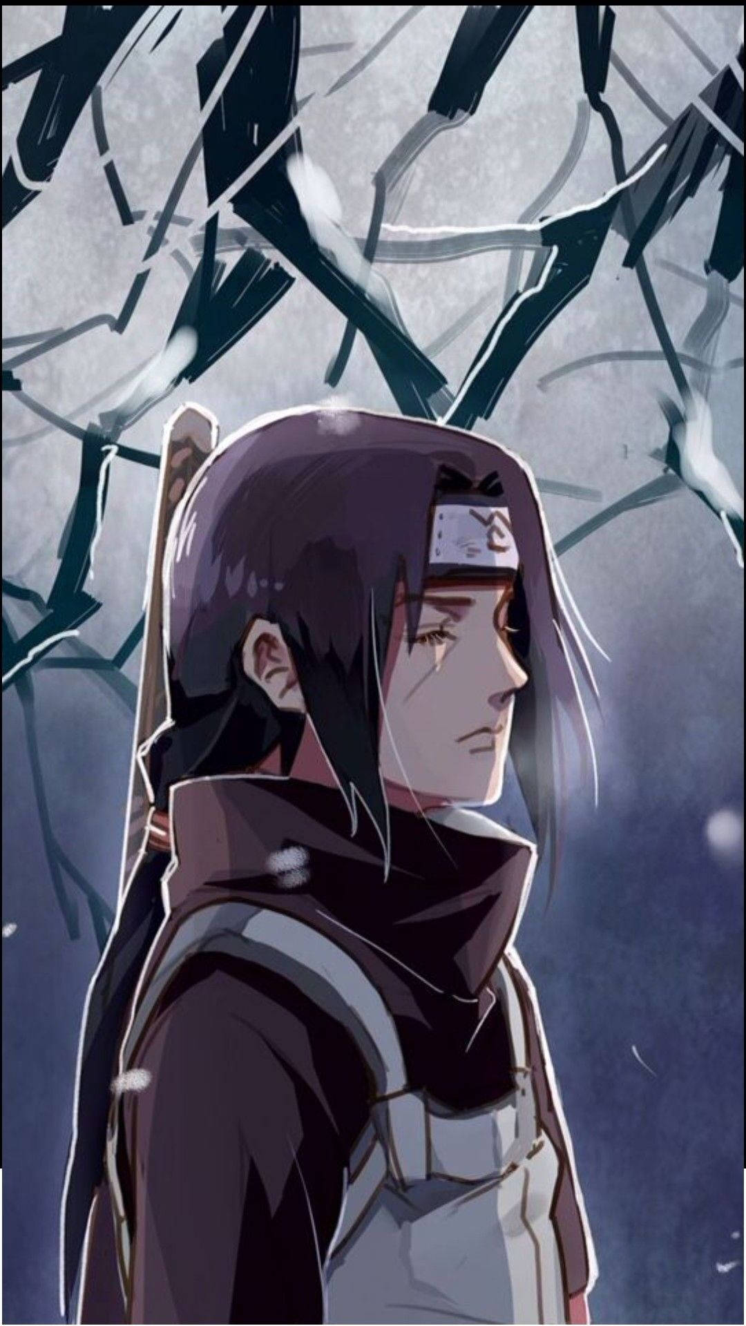 Itachi 桌布 壁紙 — 一個嚴肅的動漫角色，深色頭髮和頭帶，站在一個下雪、玻璃破碎的環境中，天空陰沉。