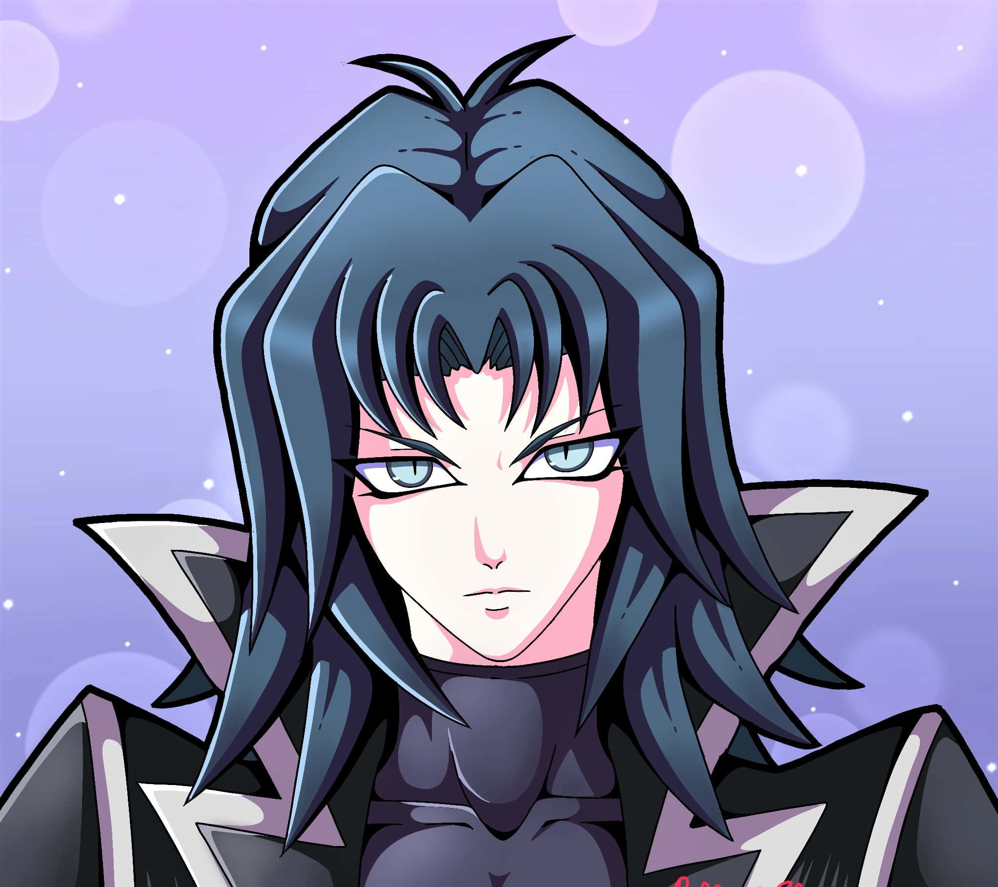 Zane Truesdale 桌布 壁紙 — 一個嚴肅的動漫角色，深藍色頭髮，發光的眼睛，在柔和的紫色散景背景前直視前方。