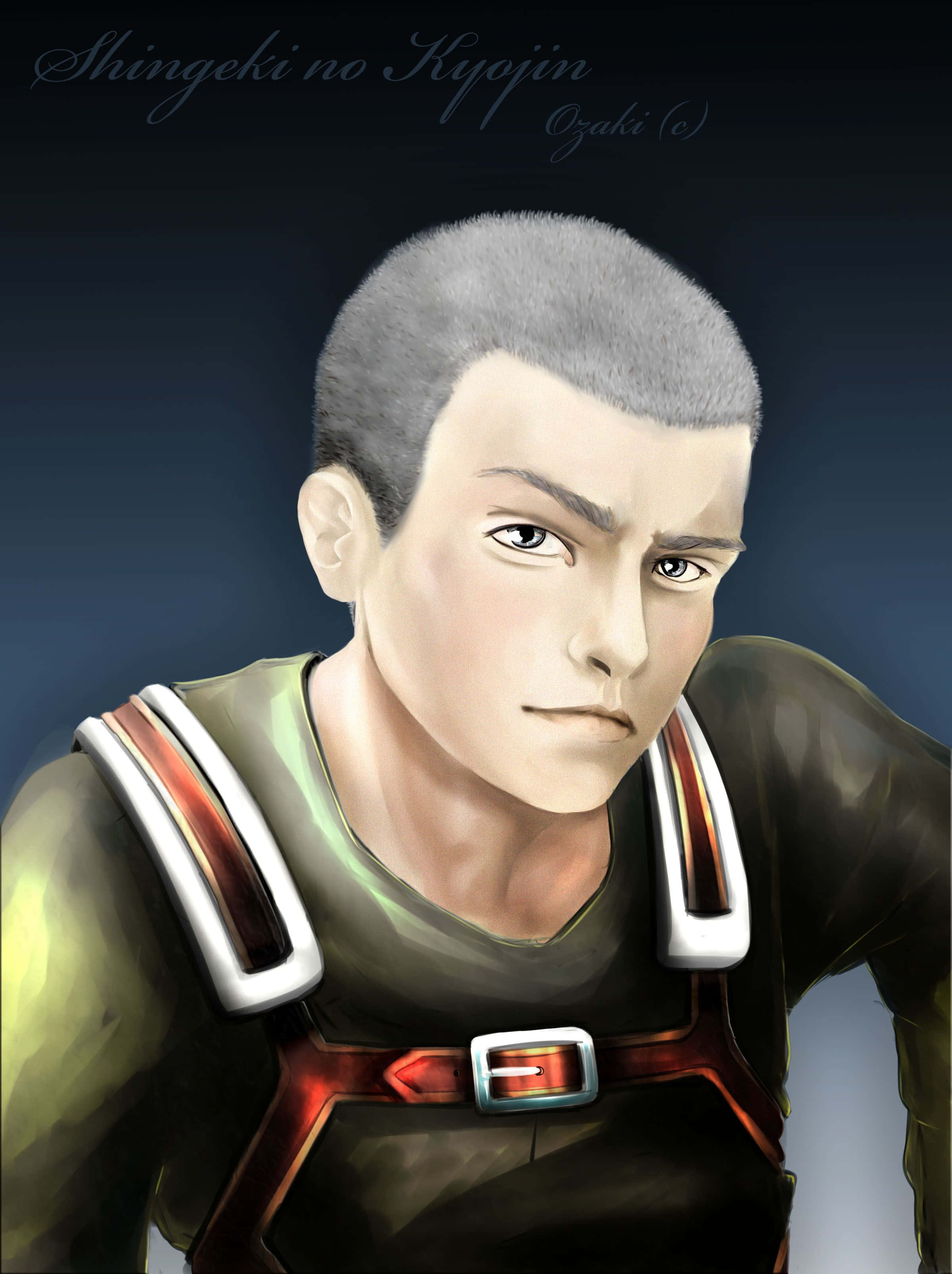 Connie Springer 桌布 壁紙 — 一個嚴肅的動漫角色，短灰髮，眼神銳利，穿著深色裝甲背心，背景是漸變藍色。