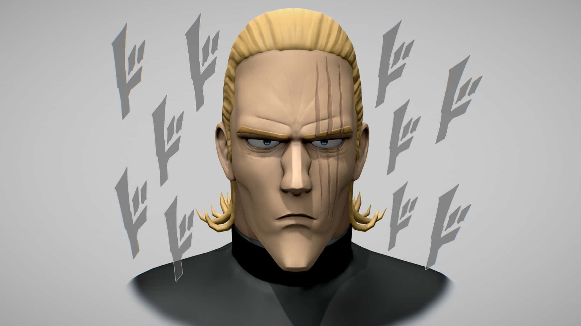 One Punch Man King 桌布 壁紙 — 一個嚴肅的動漫角色，金髮，臉上帶有疤痕，被漂浮的符號包圍，背景為純灰色。