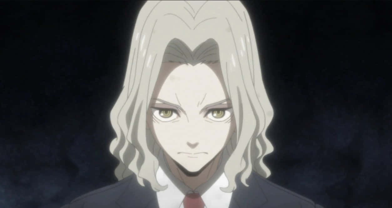 The Promised Neverland Peter Ratri 桌布 壁紙 — 一個嚴肅的動漫角色，長銀髮和綠眼睛，穿著西裝，背景是黑暗煙霧彌漫。