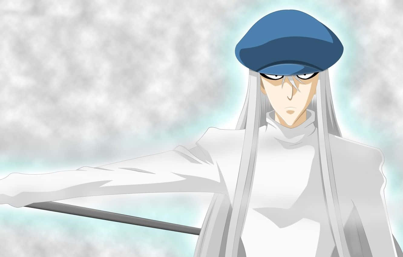 Hunter X Hunter Kite 桌布 壁紙 — 一個嚴肅的動漫角色，長長的白髮和藍色貝雷帽，在陰天中伸出法杖。