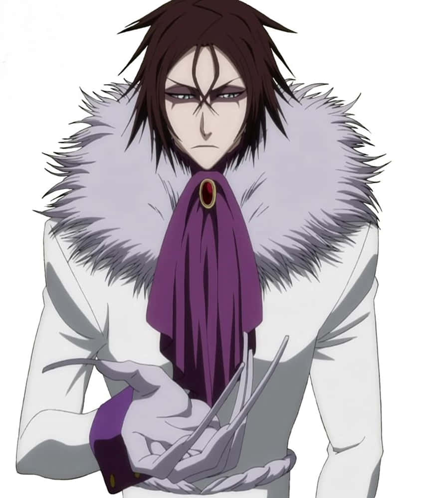 Bleach Muramasa 桌布 壁紙 — 一個嚴肅的動漫角色，黑髮，穿著白色毛邊外套，戴著手套的手握著鋒利的刀片。