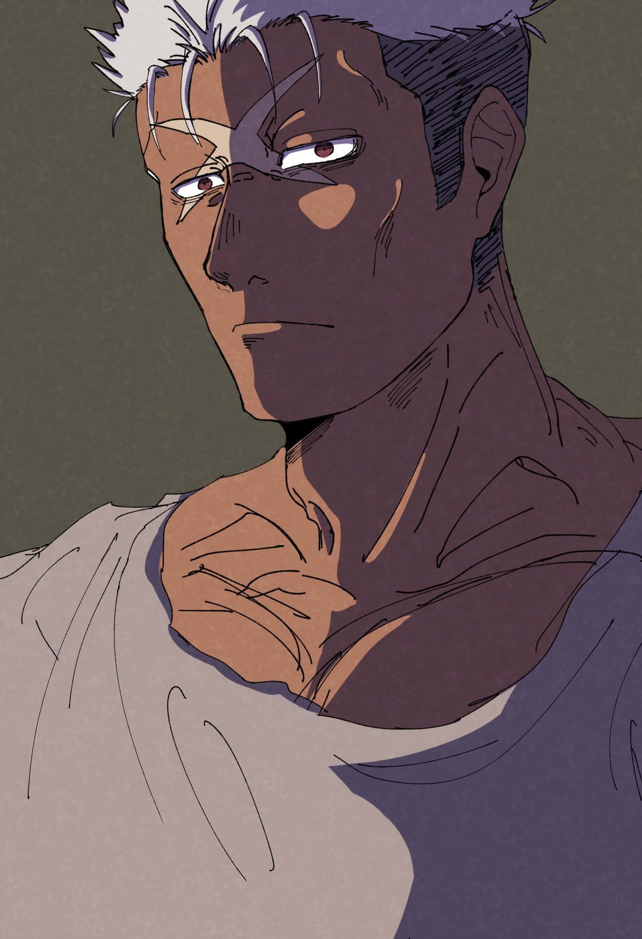 Fullmetal Alchemist Scar 桌布 壁紙 — 一個嚴肅的動畫男人，白髮和銳利的眼睛，在戲劇性的半陰影肖像中凝視前方。