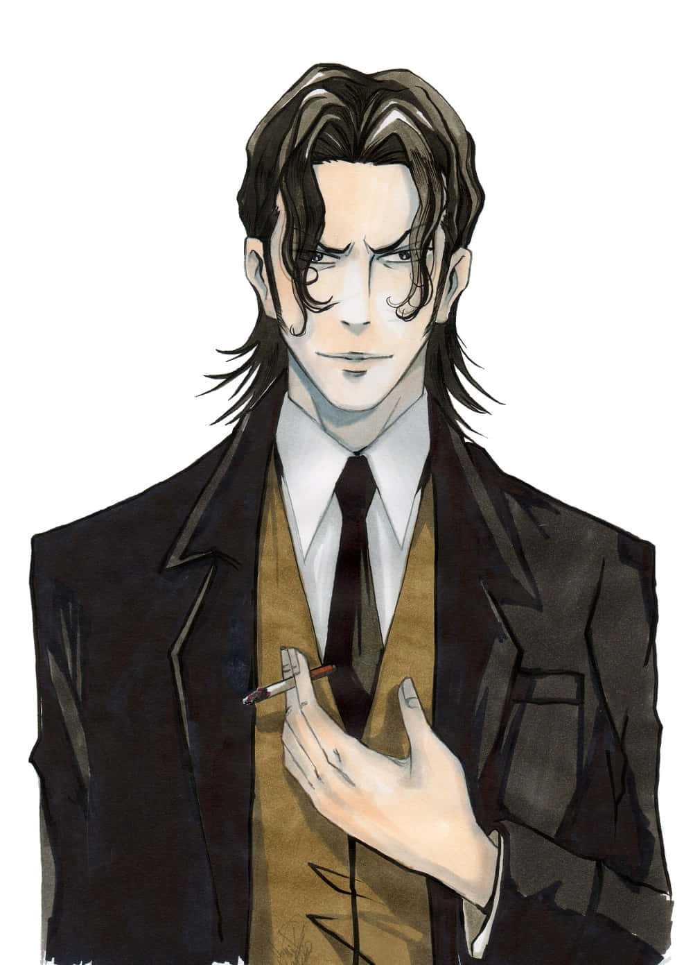 Sakuya Togane 桌布 壁紙 — 一個嚴肅的動畫男人，黑髮，穿著正式西裝，在純白背景前拿著一支香煙。