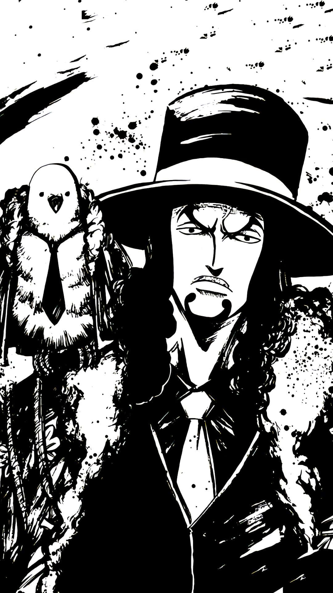 Rob Lucci 桌布 壁紙 — 一個嚴肅的動畫男人戴著高帽和西裝，拿著一隻繫著領帶的鳥，背景是濺灑的黑白背景。