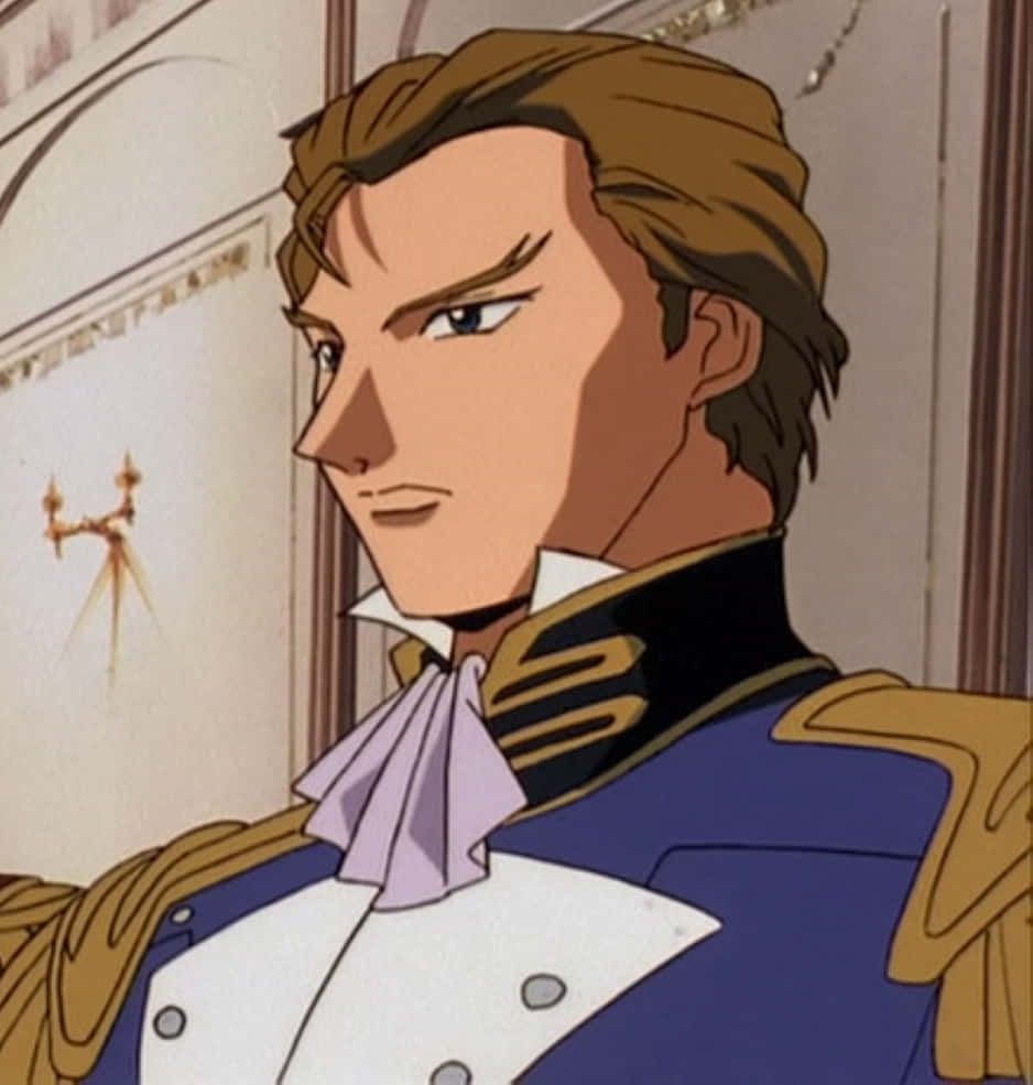 treize khushrenada 桌布 壁紙 — 一個嚴肅的動畫男性角色，身穿藍色和金色的軍裝，繫著薰衣草色領巾，在華麗的室內專注地凝視。