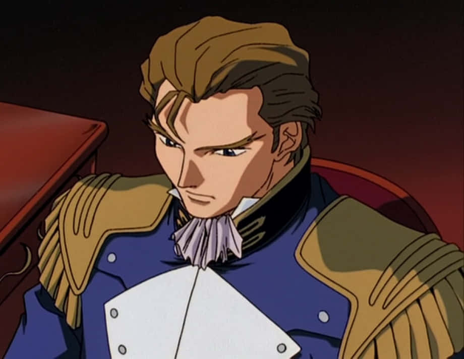 treize khushrenada 桌布 壁紙 — 一個嚴肅的動畫男性角色，身穿藍金色軍裝，繫著白色領巾，在深紅色背景下凝視著。