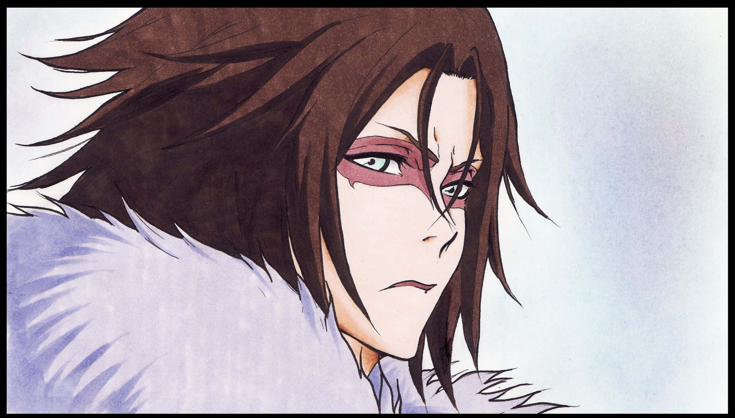 Bleach Muramasa 桌布 壁紙 — 一個嚴肅的年輕男子特寫動畫肖像，棕色頭髮，紅色眼睛標記，穿著白色毛領。