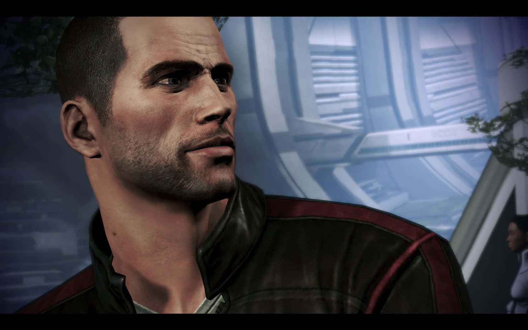 Commander Shepard 桌布 壁紙 — 一個嚴肅的男人穿著黑色和紅色外套，以未來感的藍色金屬背景為襯的特寫。
