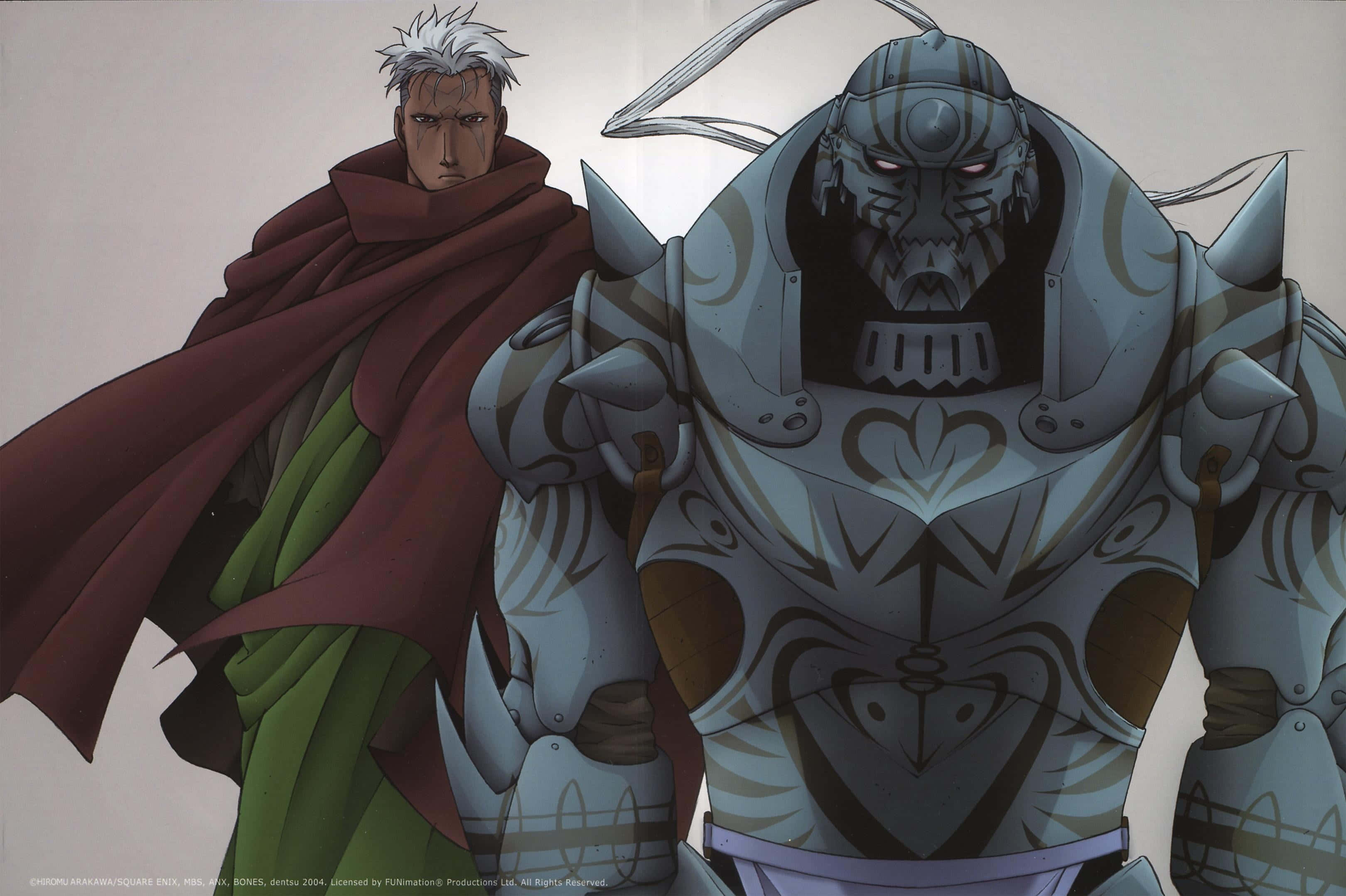 Alphonse Elric 桌布 壁紙 — 一個嚴肅的白髮男子身穿紅色斗篷，站在一個高大的裝甲騎士旁邊，騎士的眼睛發出紅光，背景是純色的。