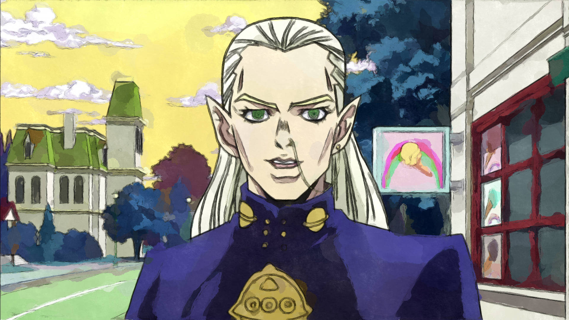 Jojo 4K Mikitaka Hazekura 壁紙 — 一個嚴肅的精靈動漫角色，白髮綠眼，站在日落時分色彩繽紛的歐洲街景中。