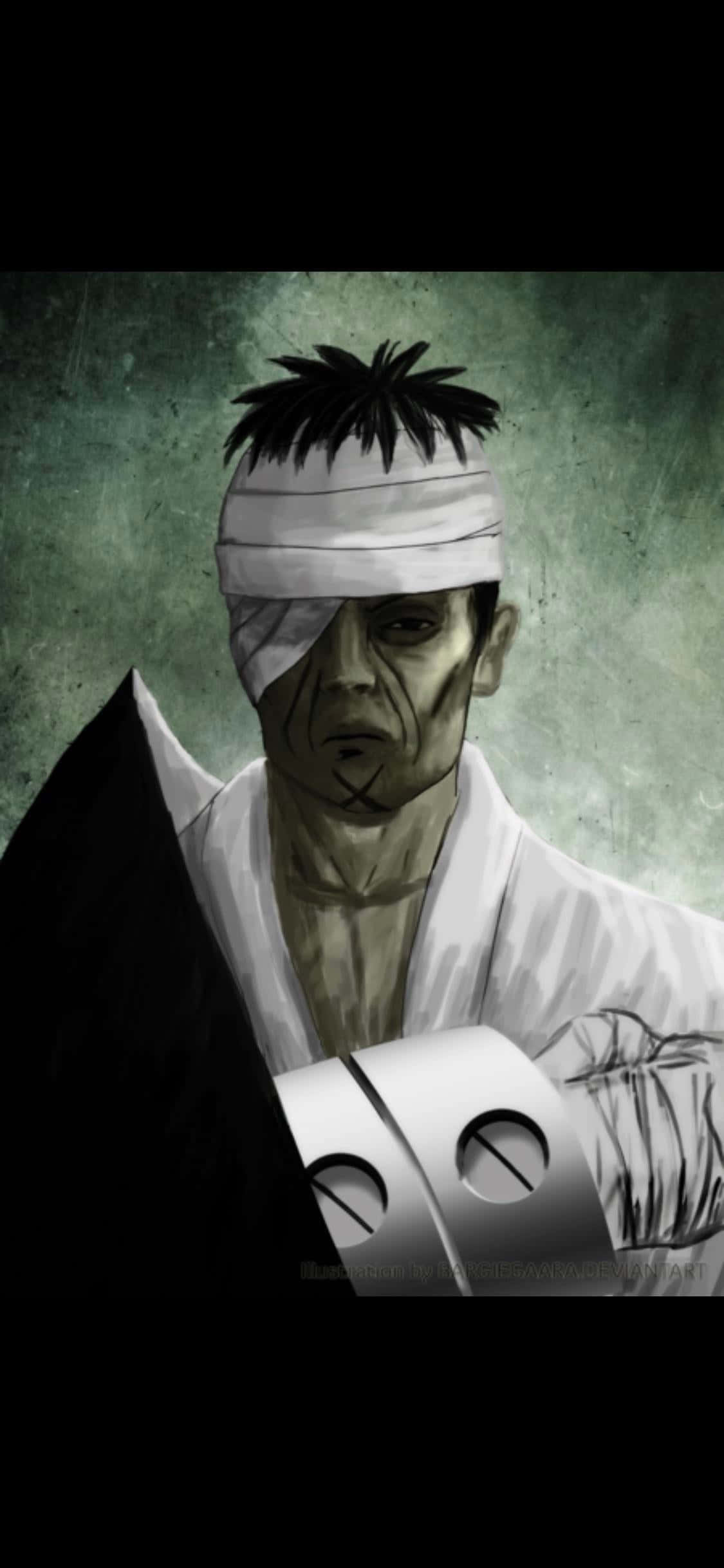 Danzo Shimura 桌布 壁紙 — 一個嚴肅的蒙面忍者，有著尖刺頭髮和白色眼罩，站在有紋理的綠色背景前。